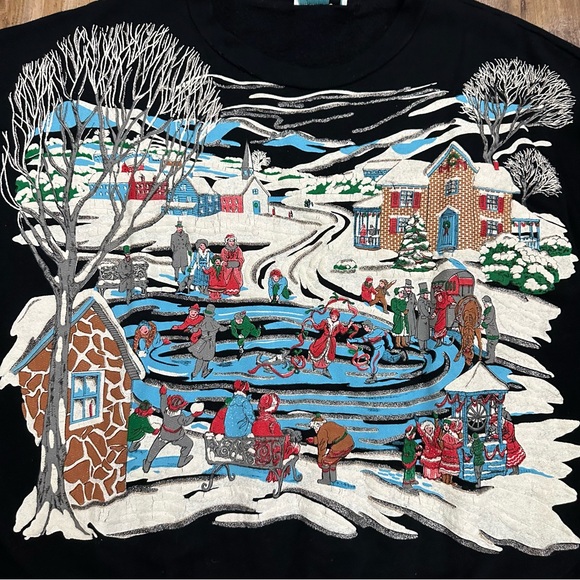 VTG Christmas Winter Holiday Black Crewneck Skiing Christmas Village Sweatshirt - Picture 5 of 8
